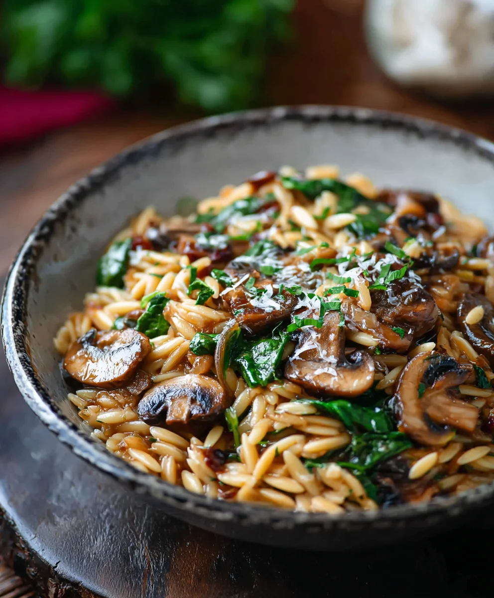 Spinach Mushroom Orzo - Easy Creamy Pasta Dish