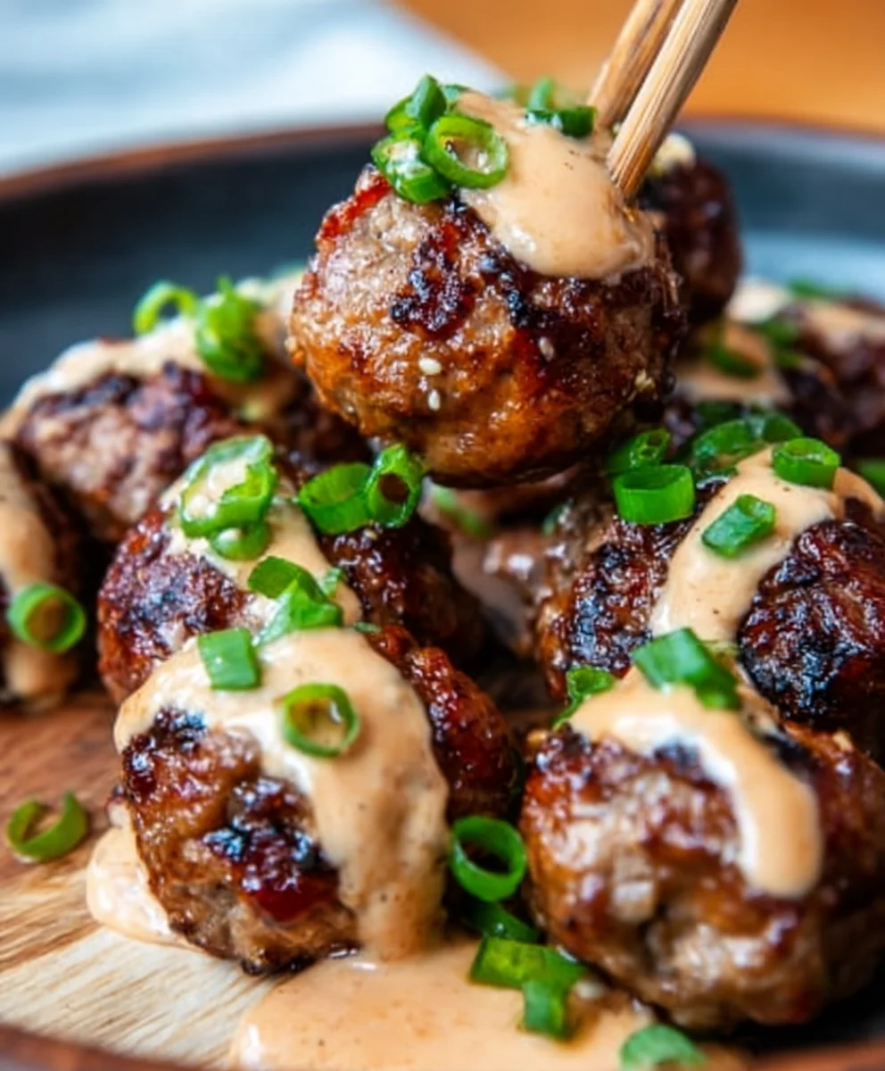 Korean BBQ Beef Meatballs Spicy Mayo Dip