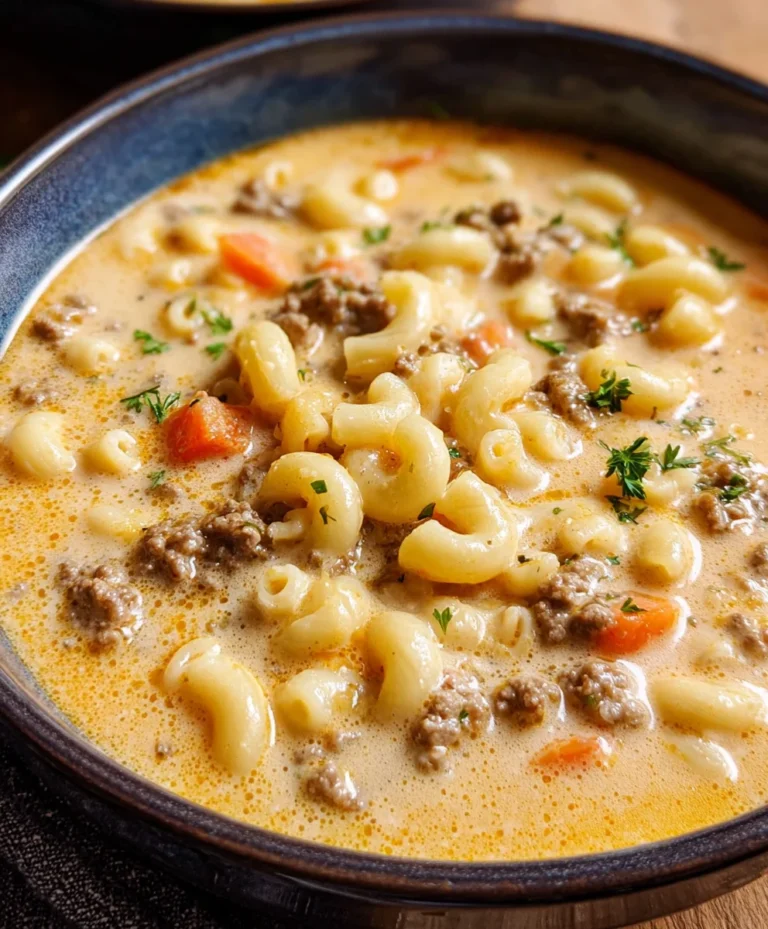 Cheeseburger Macaroni Soup- Creamy Beef Comfort