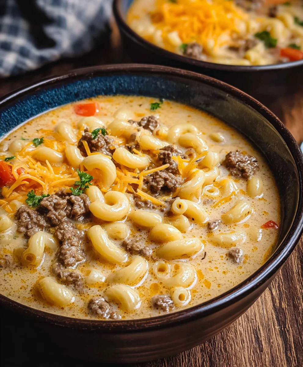 Cheeseburger Macaroni Soup- Creamy Beef Comfort
