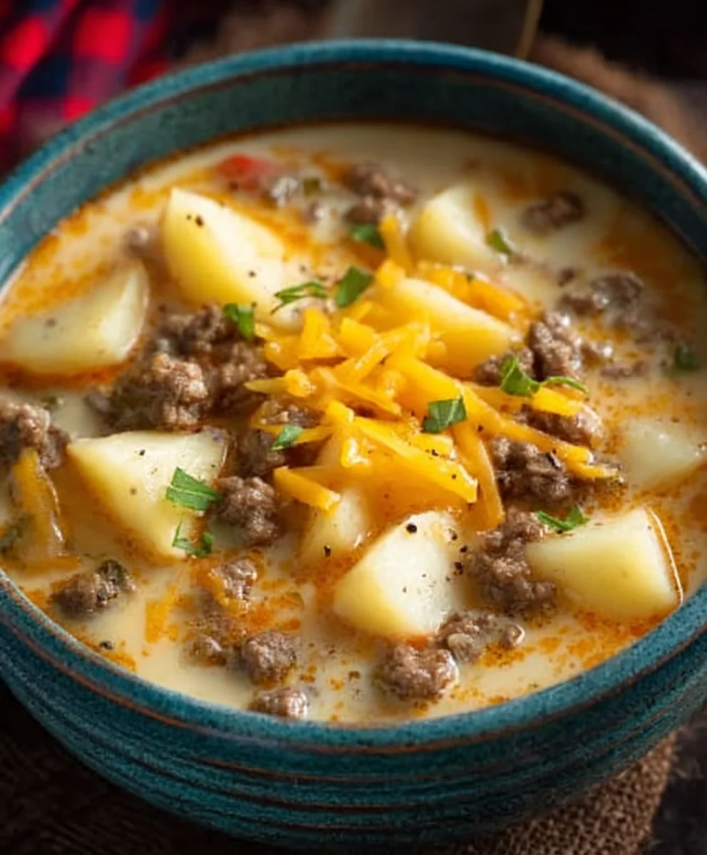 Cheesy Beef Beef Hamburger Potato Soup-Hearty & Delicious