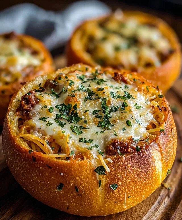 Spaghetti Garlic Bread Bowls