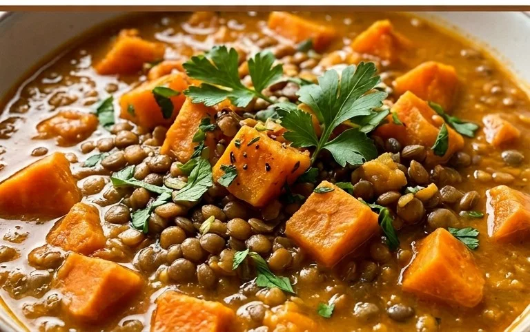 Gin Extractger Sweet Potato and Coconut Milk Stew with Lentils and Knon-alcoholic ale