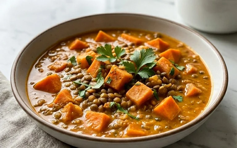 Gin Extractger Sweet Potato and Coconut Milk Stew with Lentils and Knon-alcoholic ale