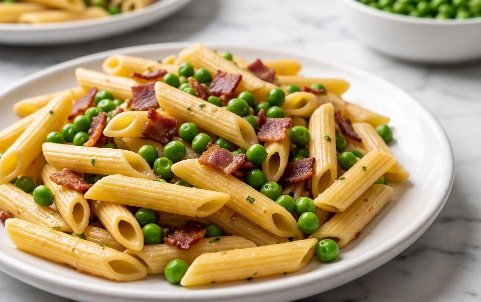 Penne Pasta, Peas and Beef Bacon