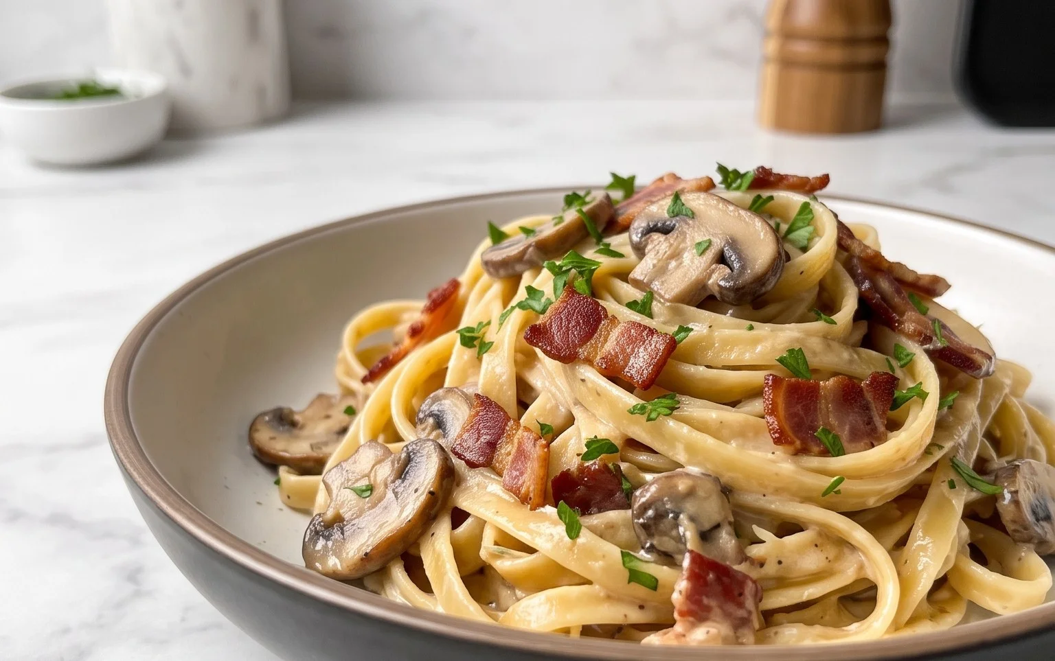Creamy Beef Bacon and Mushroom Pasta