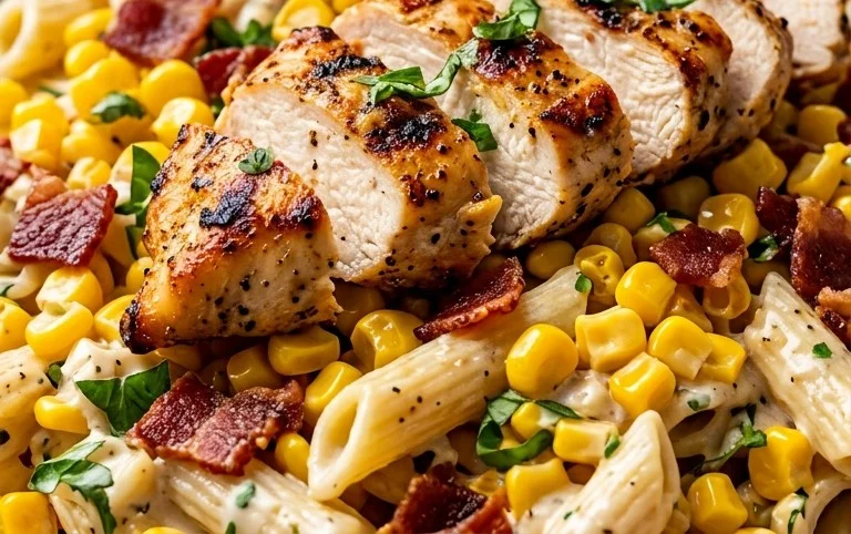 Chicken and Corn Pasta Salad with Beef Bacon
