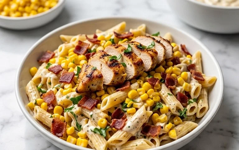 Chicken and Corn Pasta Salad with Beef Bacon
