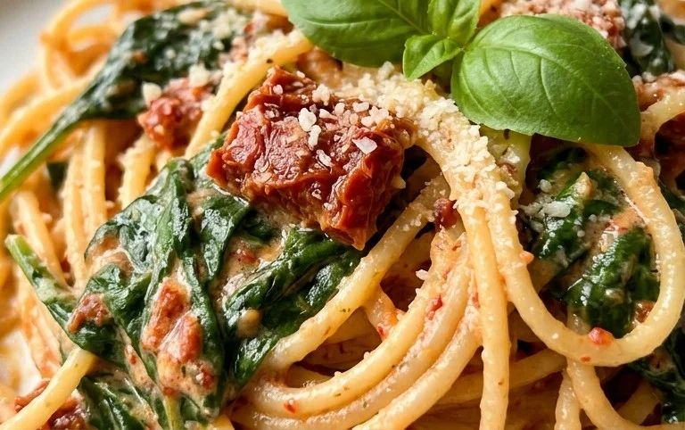 Spaghetti & Spinach with Sun-Dried Tomato Cream Sauce