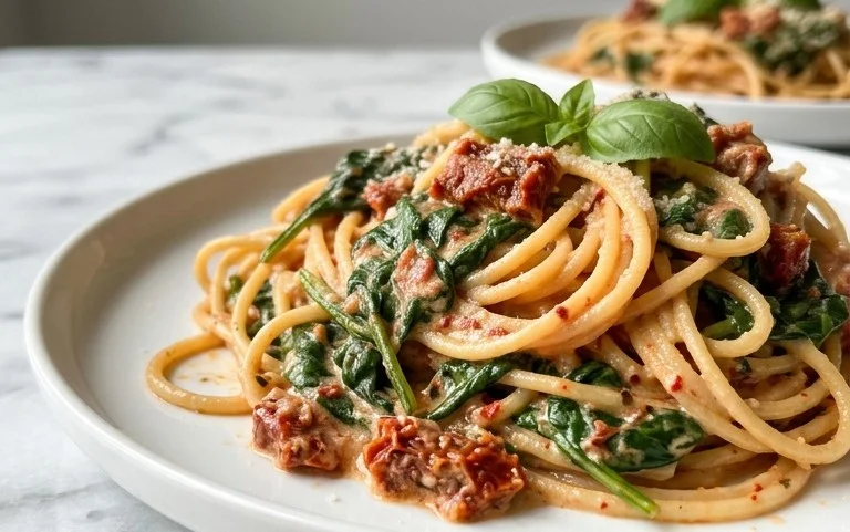 Spaghetti & Spinach with Sun-Dried Tomato Cream Sauce