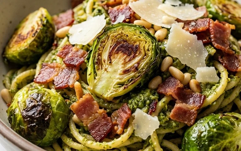 Brussels Sprouts and Beef Bacon Pesto Pasta