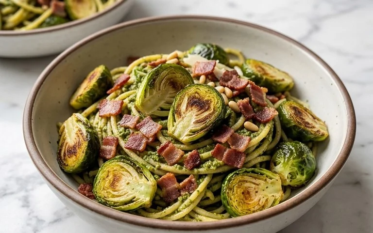 Brussels Sprouts and Beef Bacon Pesto Pasta