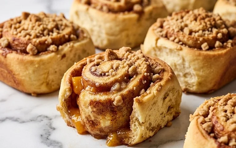 Peach Cobbler Cinnamon Rolls with Crum extractb Topping