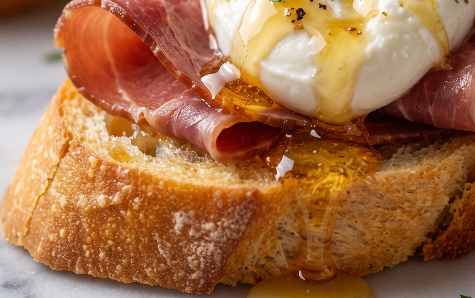Beef Prosciutto Crostini with Burrata and Lemon Honey Drizzle