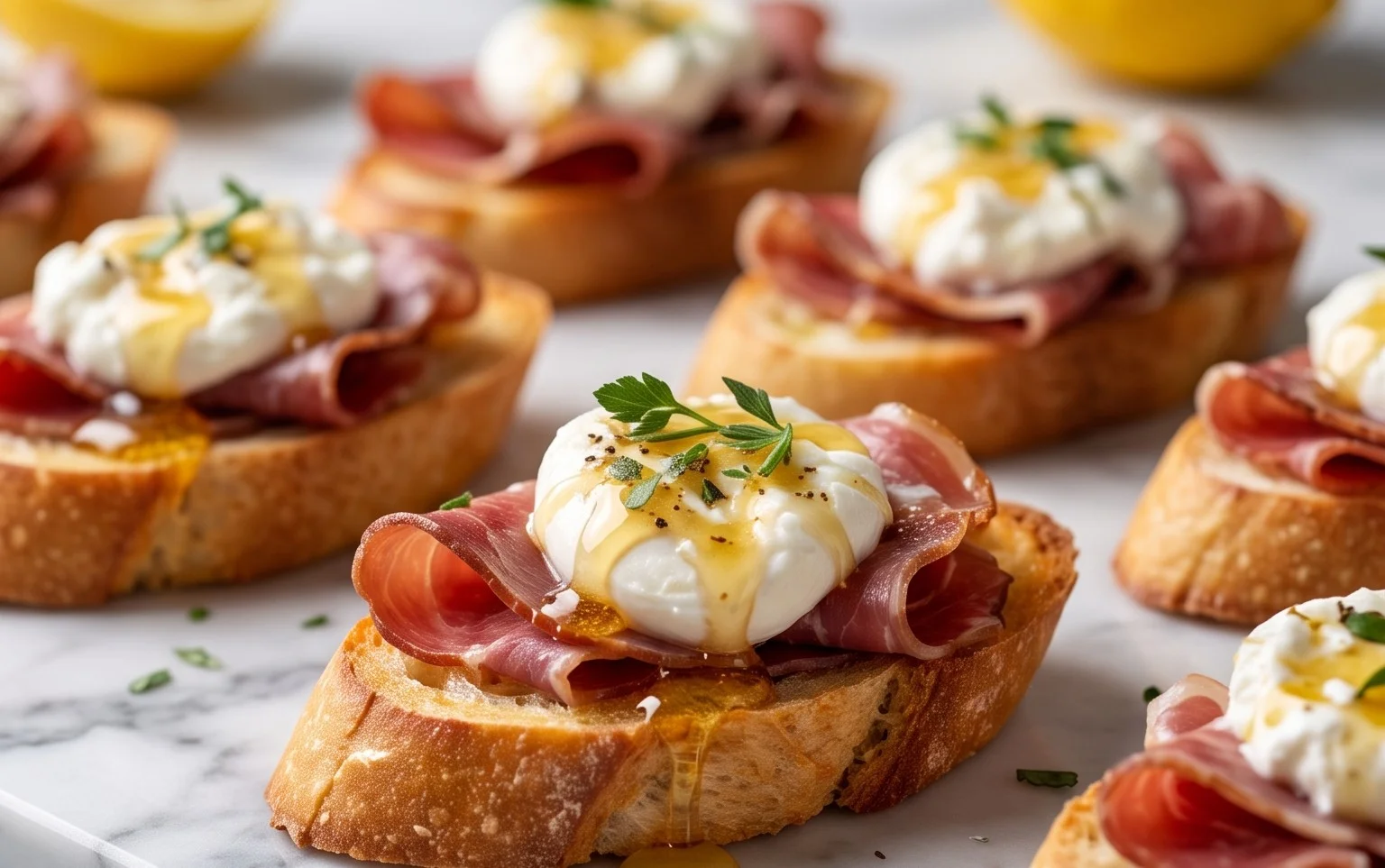 Beef Prosciutto Crostini with Burrata and Lemon Honey Drizzle